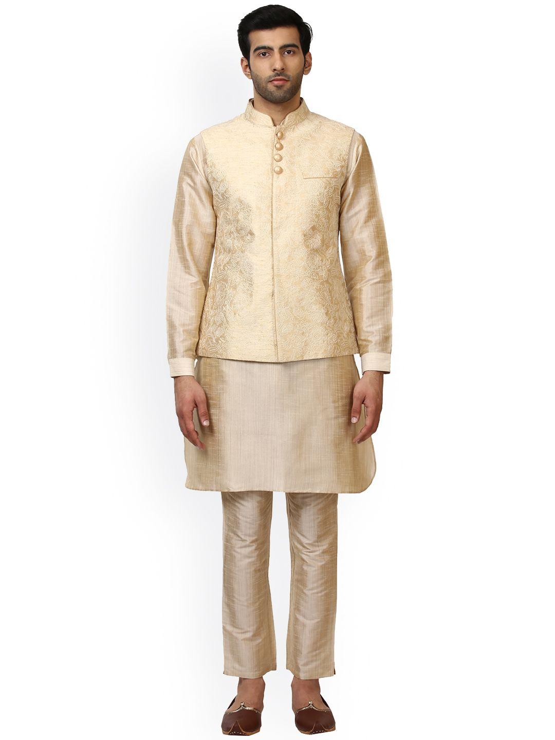 ethnix by raymond men beige solid kurta with pyjamas