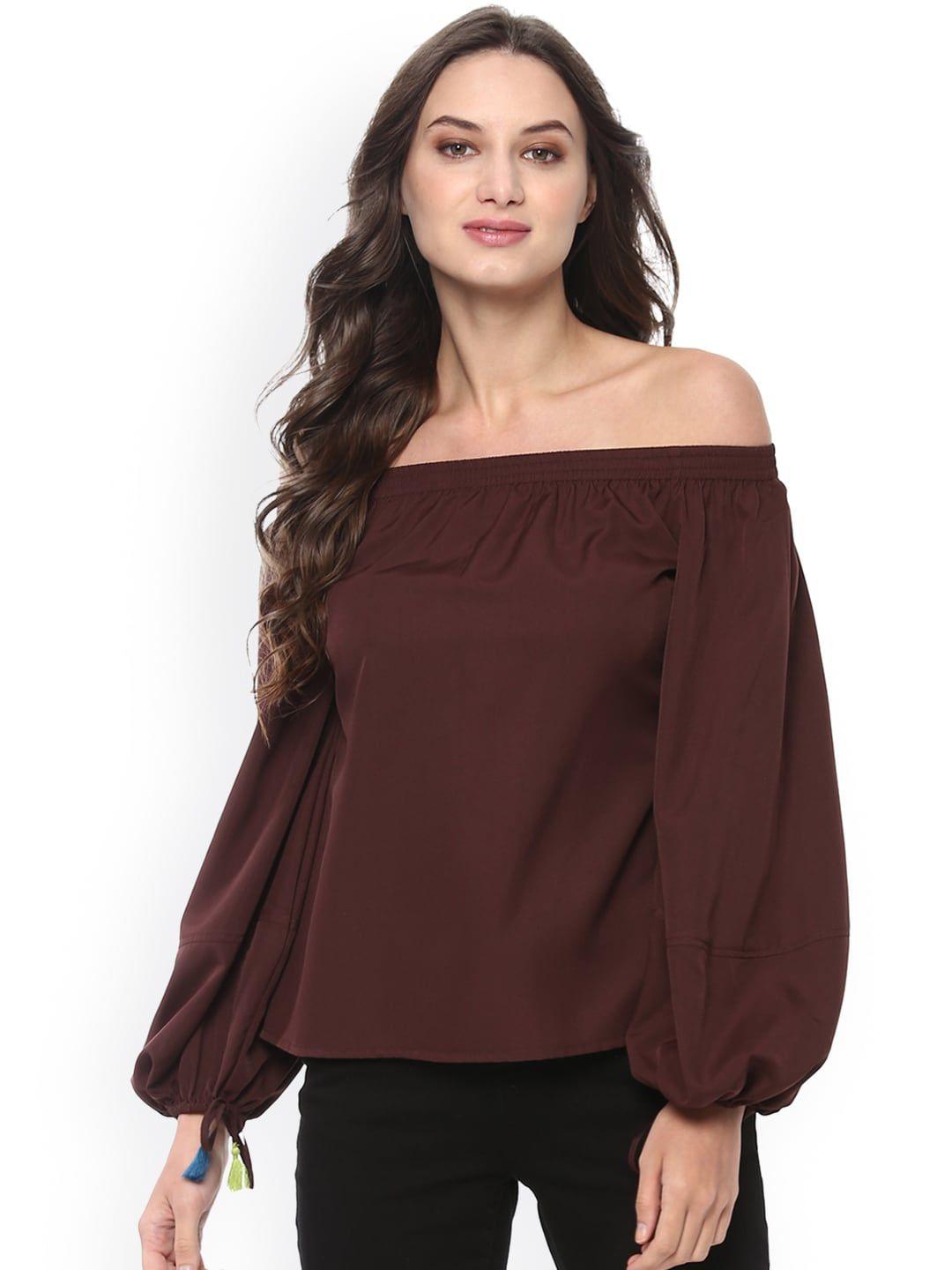 mabish by sonal jain women brown solid bardot top