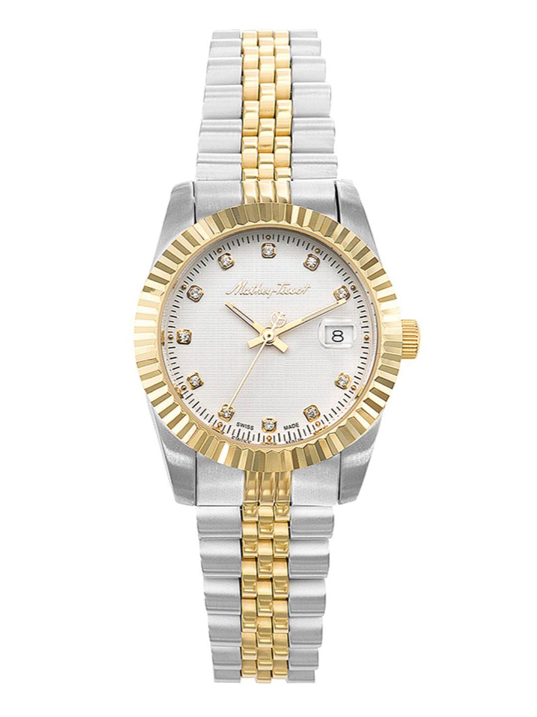 mathey-tissot women white brass embellished dial & gold toned stainless steel bracelet style straps analogue watch