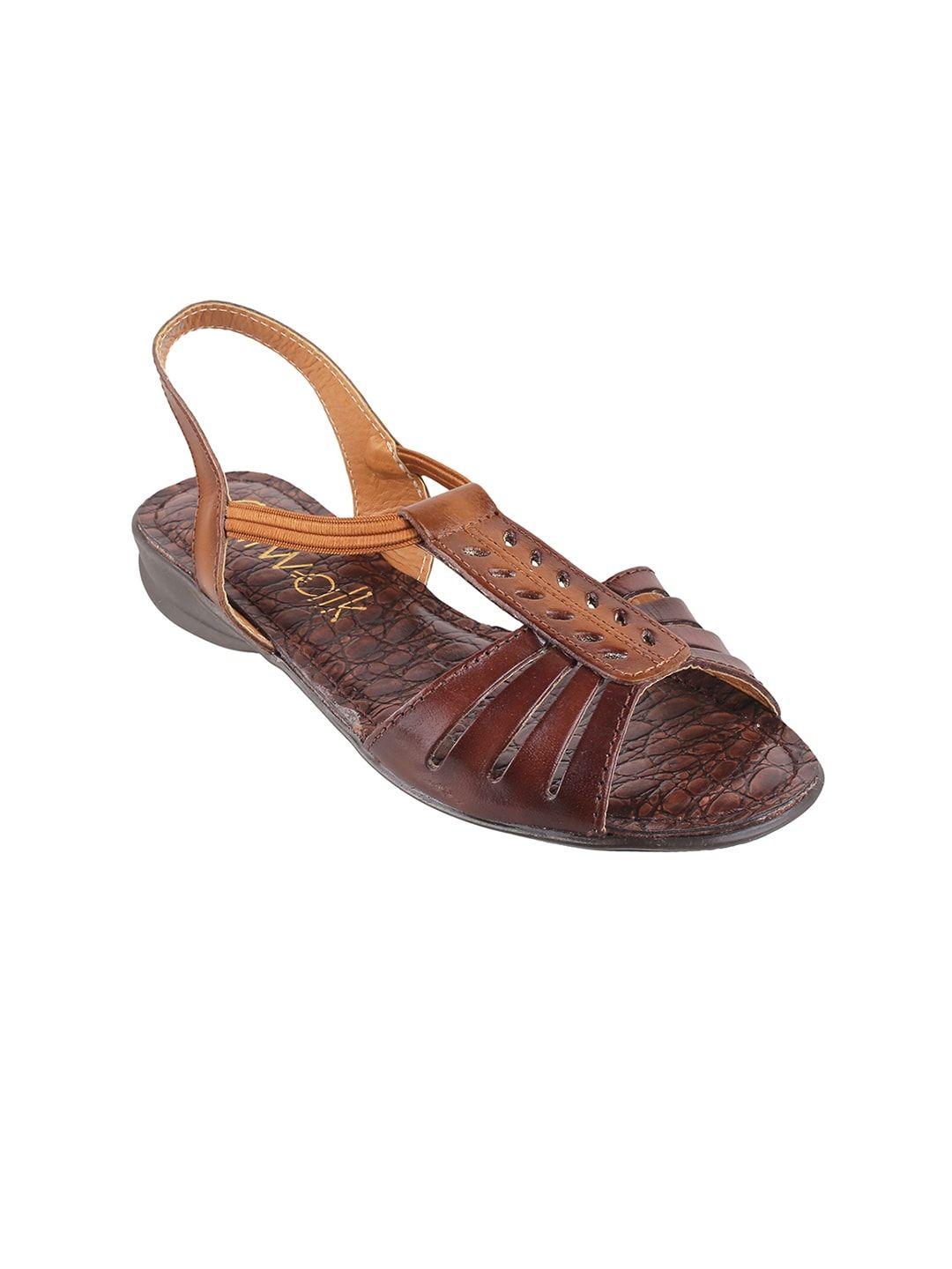 catwalk women brown solid leather open-toe flats