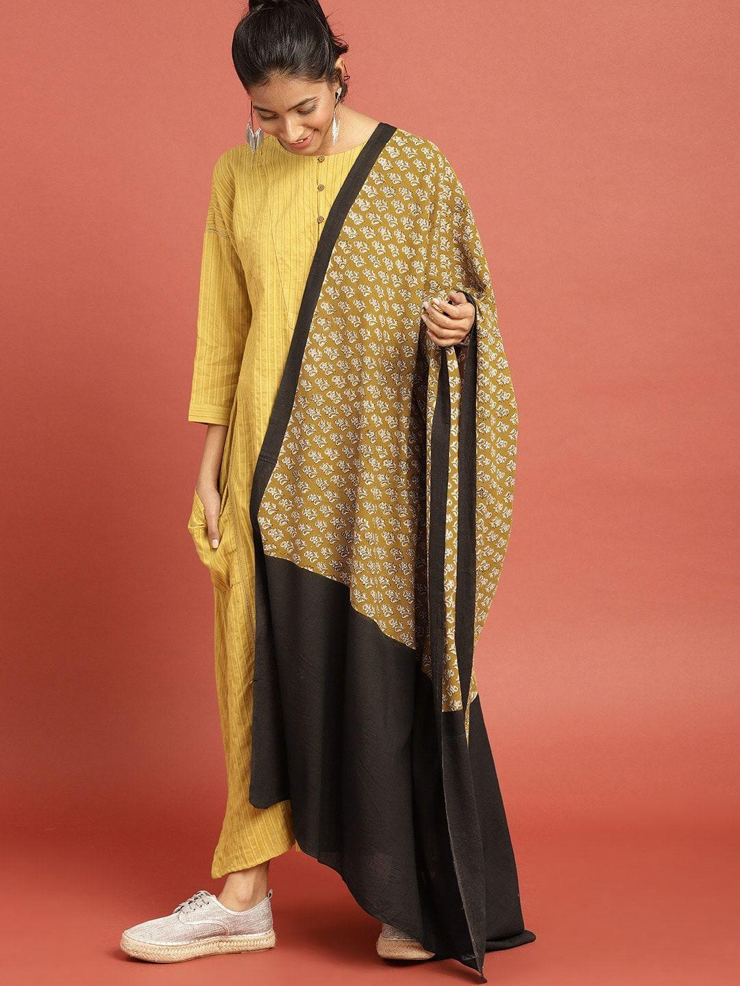 taavi women mustard yellow & black block print legacy sustainable pure cotton dupatta