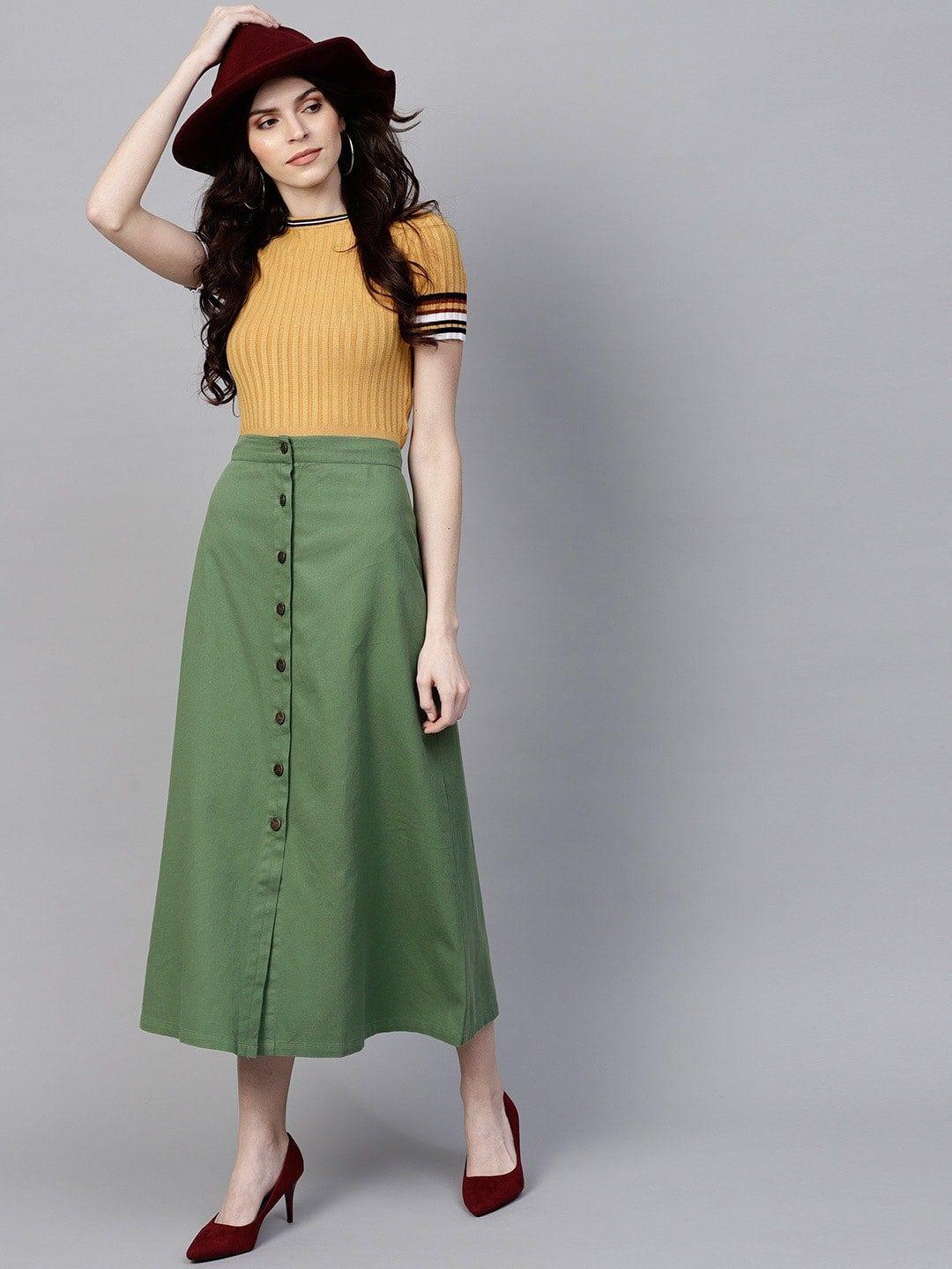 sassafras olive green midi a-line pure cotton skirt