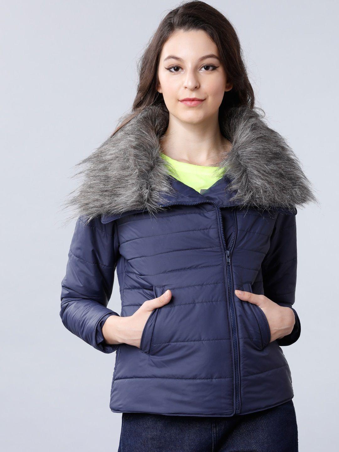 tokyo talkies women navy blue solid puffer jacket