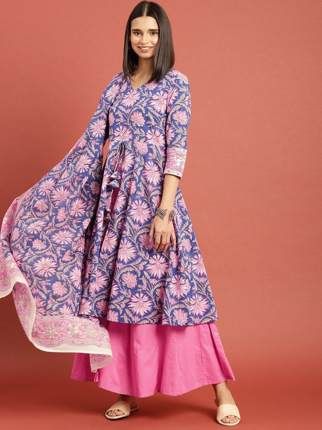 taavi women blue & pink bagru hand block print high slit sustainable kurta with palazzos & dupatta