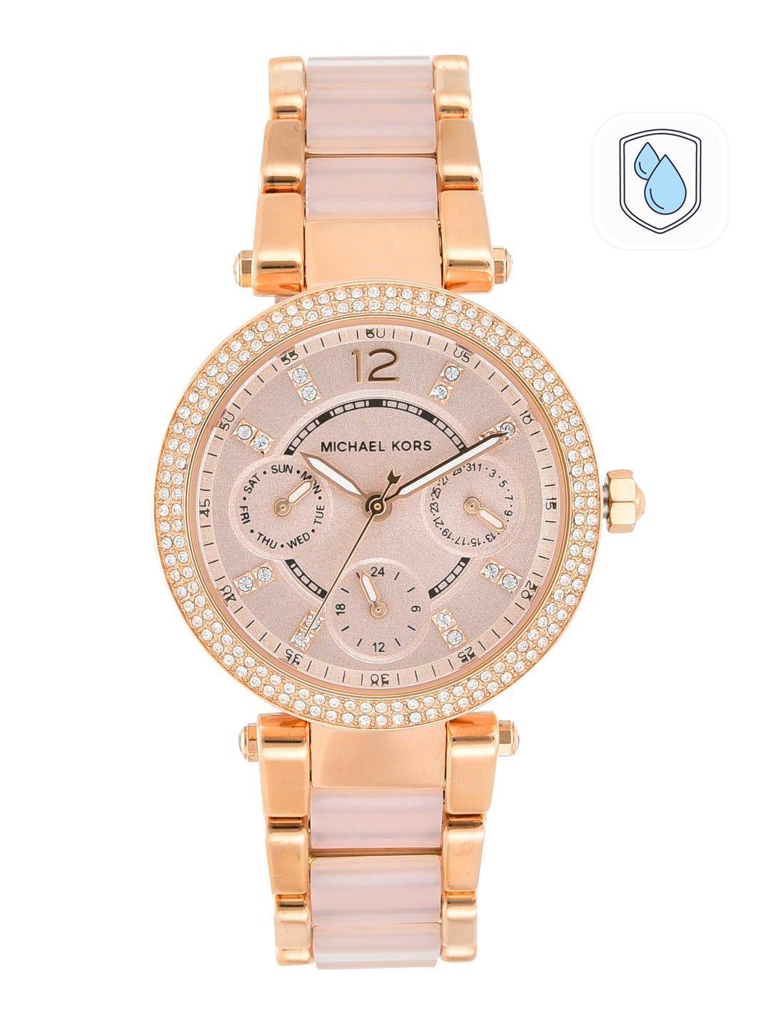 michael kors women rose gold-toned embellished mini parker analogue watch mk6110