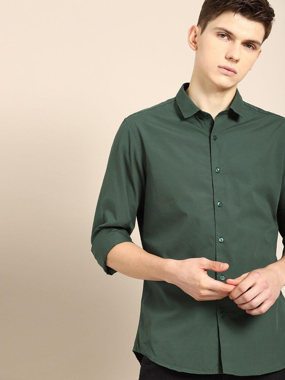 ether men green regular fit solid casual shirt