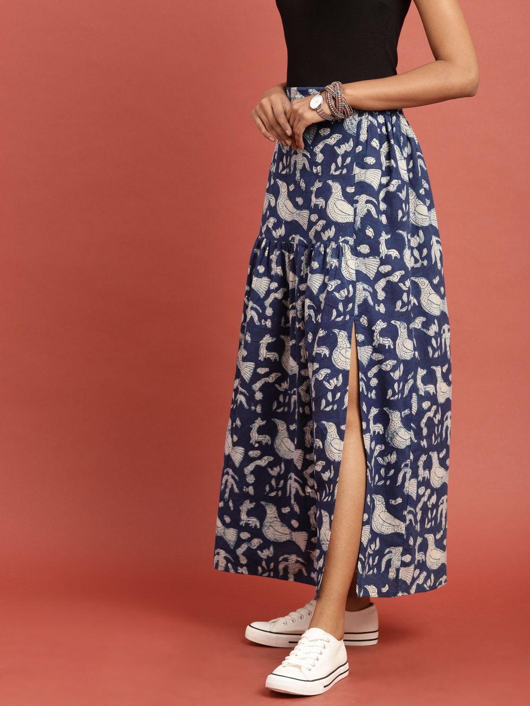 taavi blue & off-white indigo hand block print maxi flared sustainable pure cotton skirt with gathers & slit