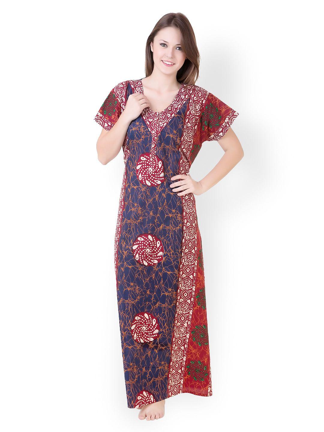 masha blue & maroon printed maxi nightdress nt55-189