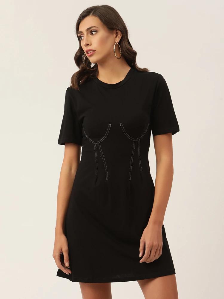 black solid round neck dress