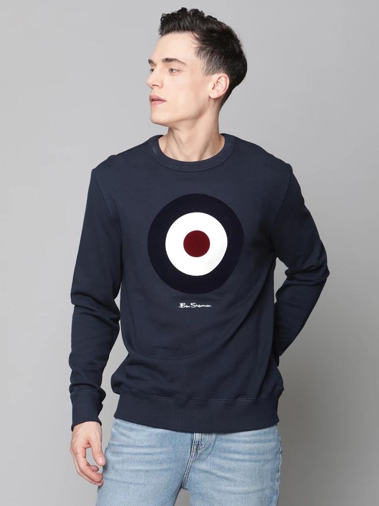 navy blue printed crew neck sweatshirt