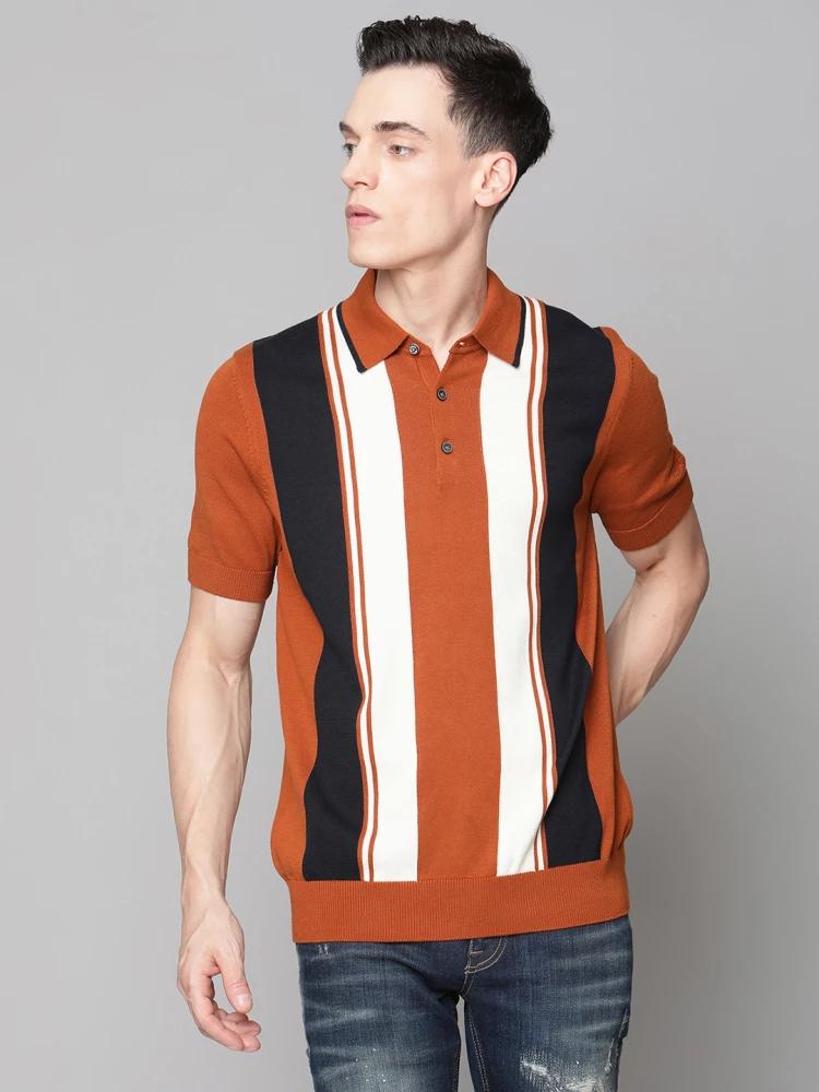 brown striped collar tshirt