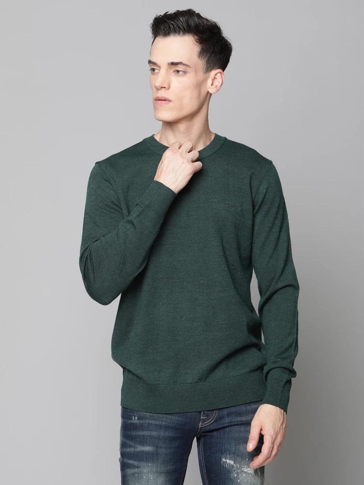 green solid crew neck sweater