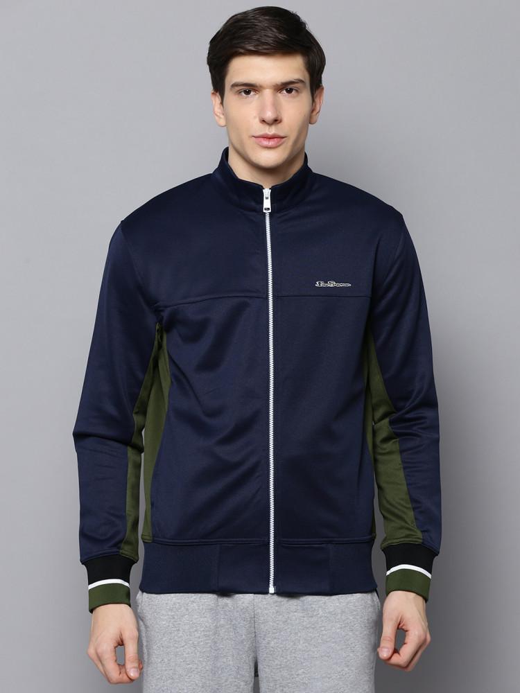 navy blue solid high neck sweat jacket