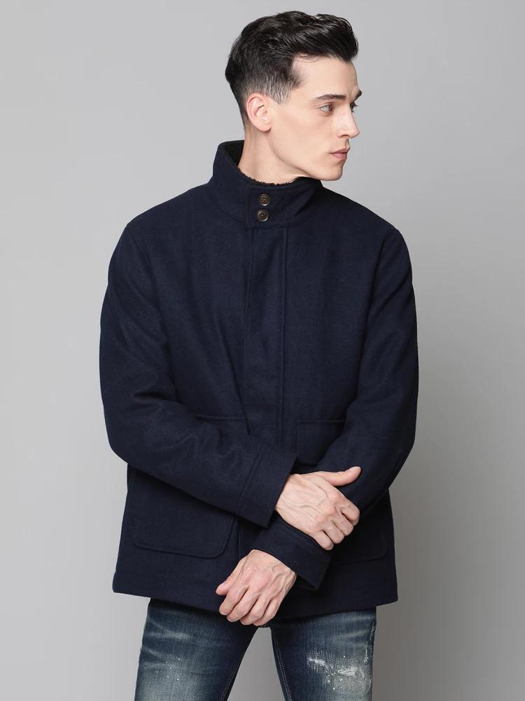 blue solid high neck jacket