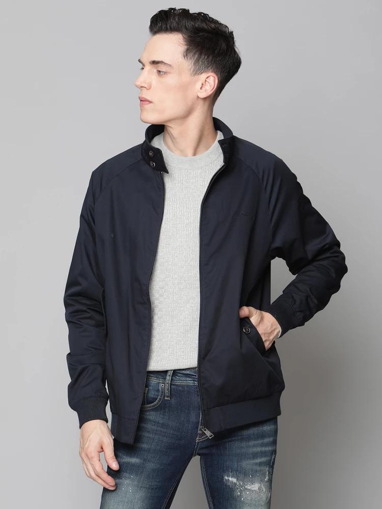 navy blue solid mock neck jacket