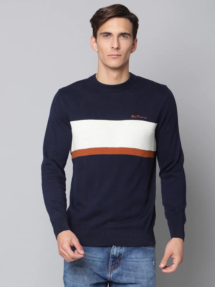 blue striped crew neck sweater