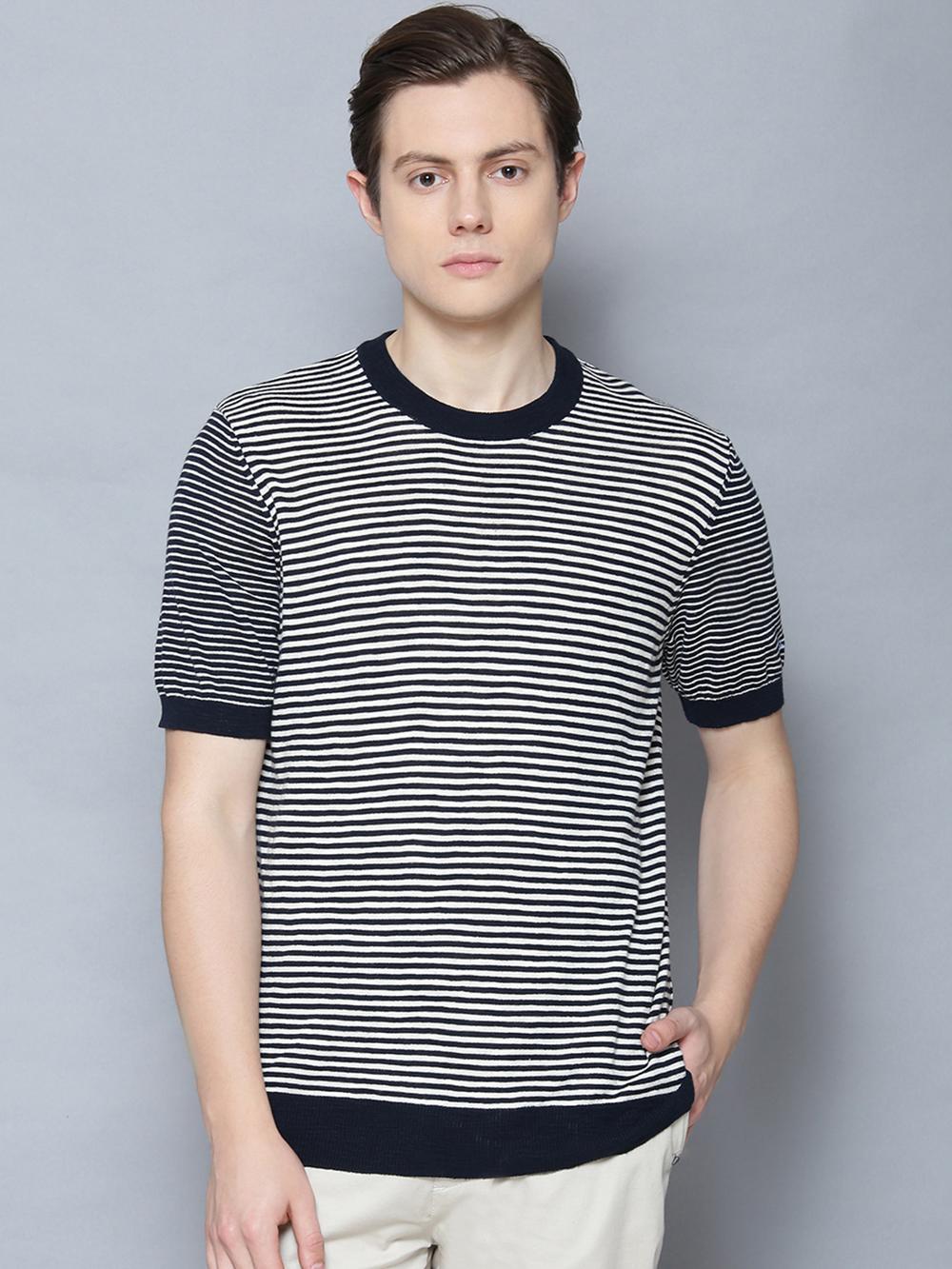 dark navy striped round neck t-shirt