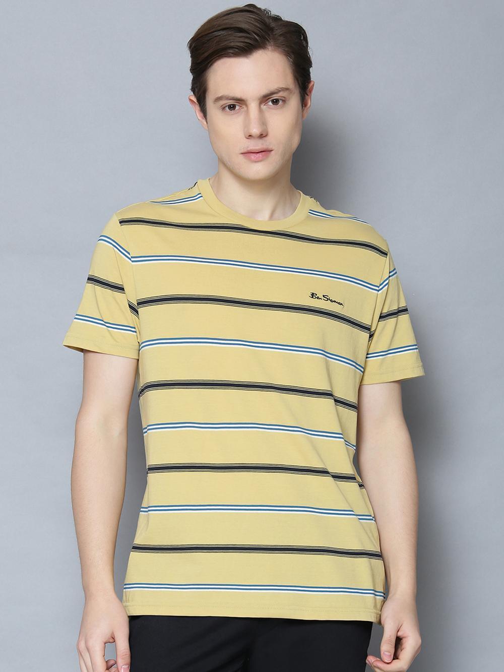 yellow striped round neck t-shirt