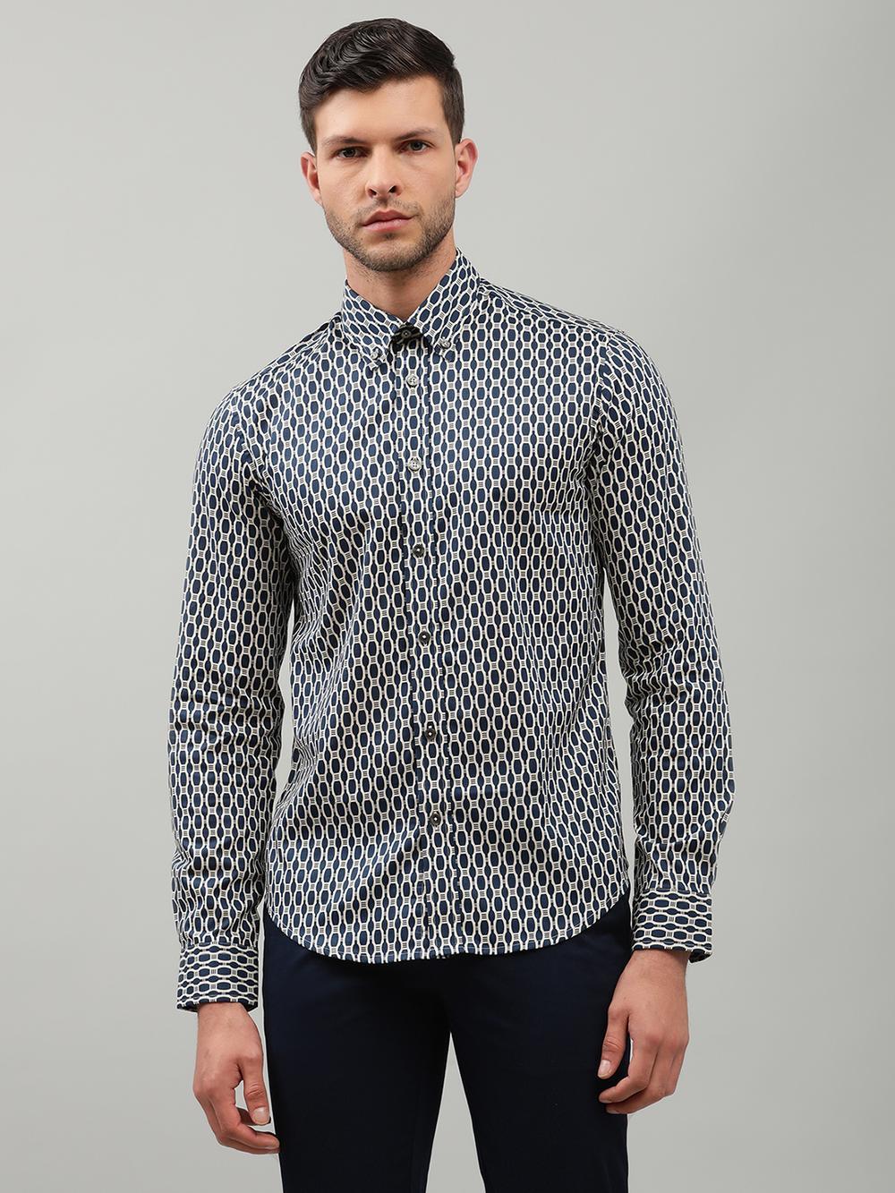 navy blue printed cutaway collar shirt