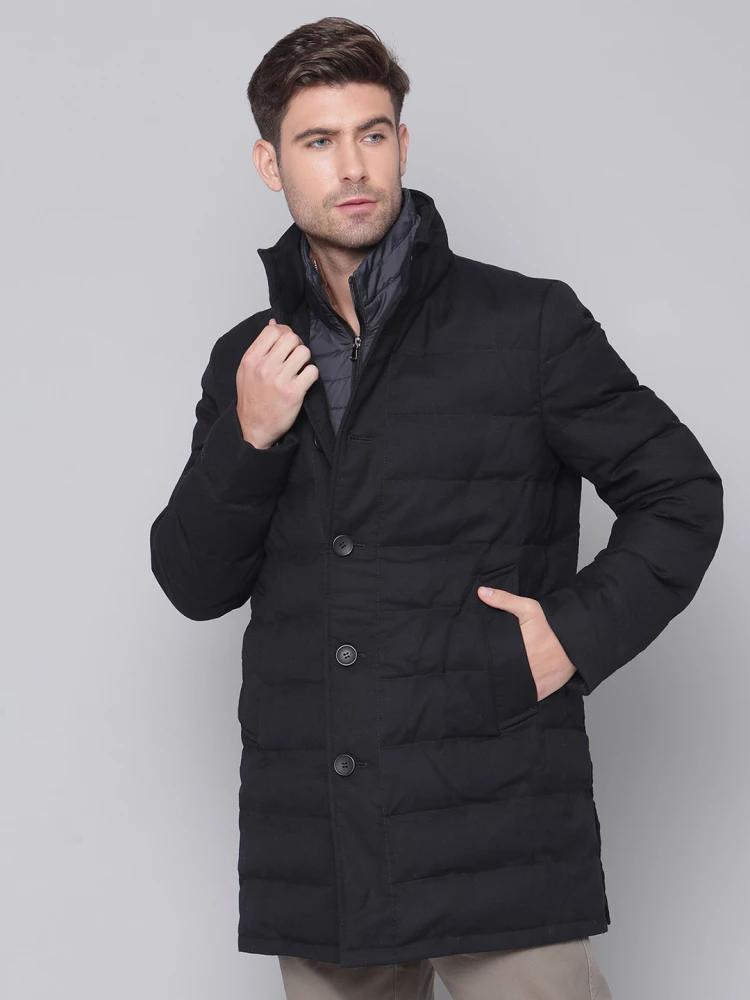 navy blue solid high neck jacket