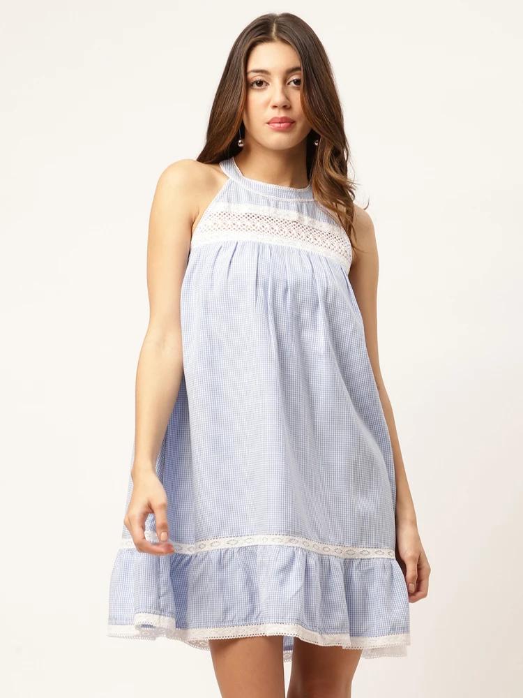 blue checked halter neck dress