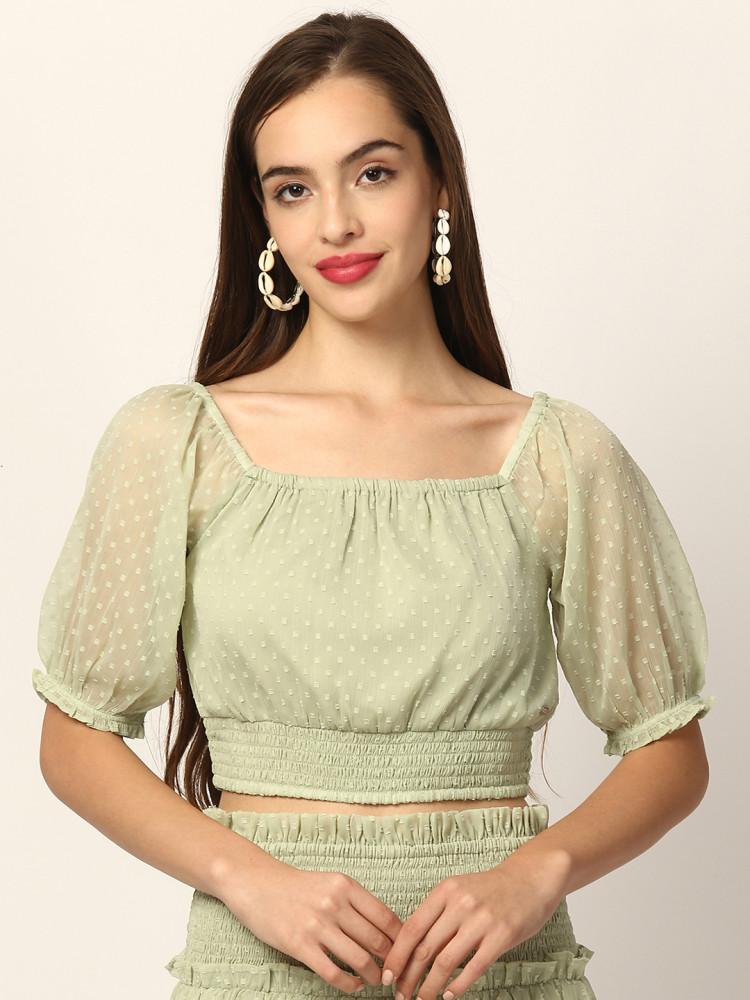 green embroidered square neck top