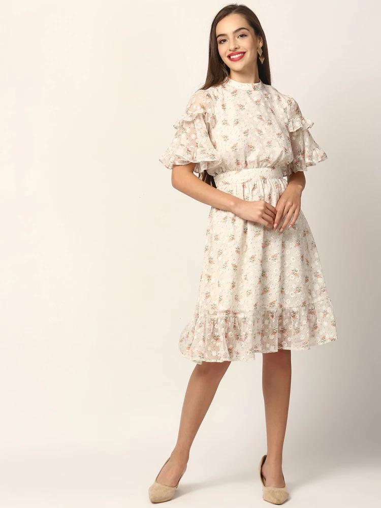 off white printed round neck dress