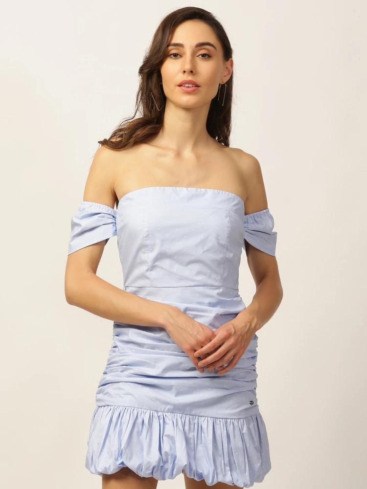 blue solid off shoulder dress