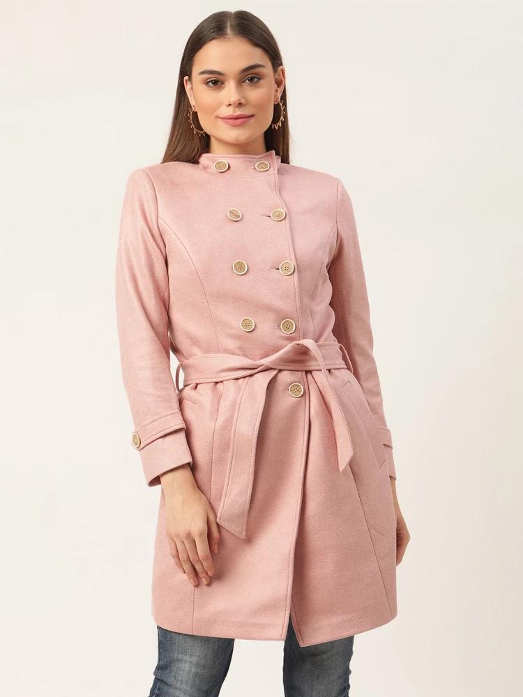 pink solid round neck jacket