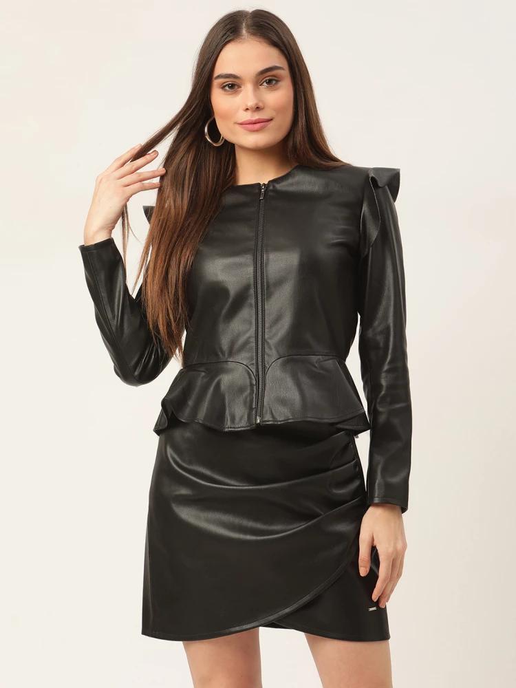 black solid round neck jacket