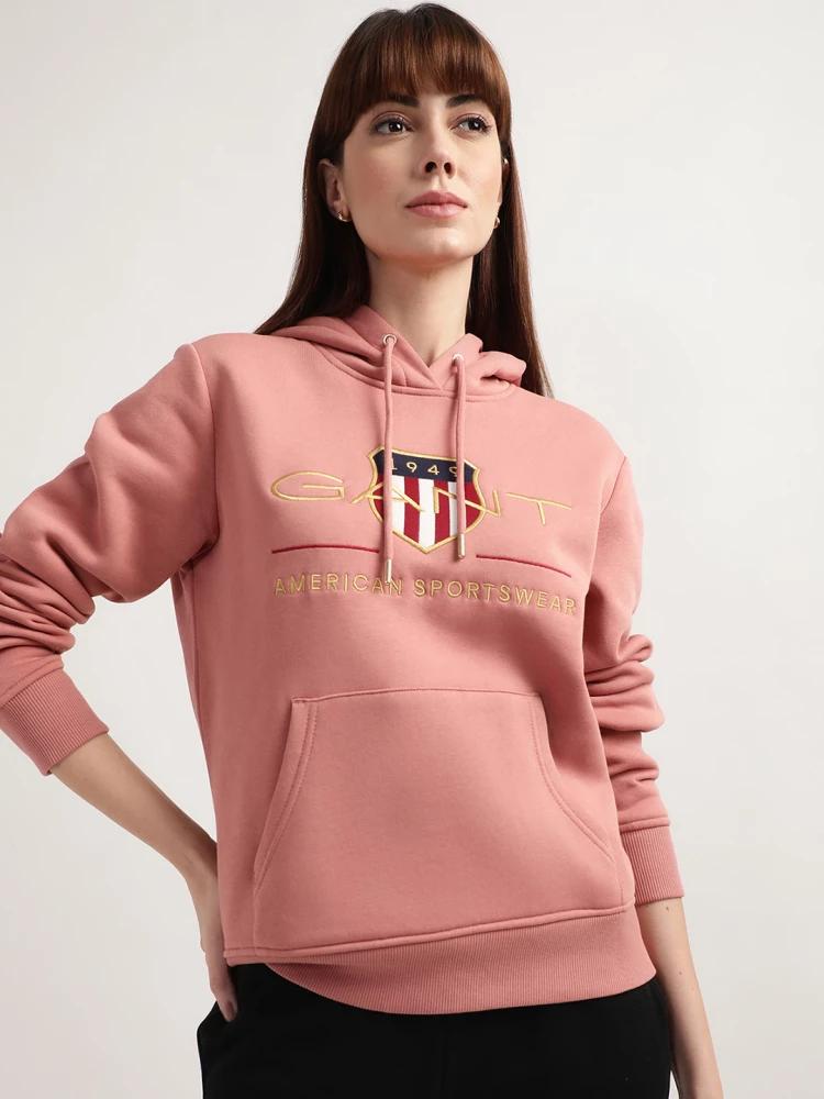 pink printed hooded sweatshirt