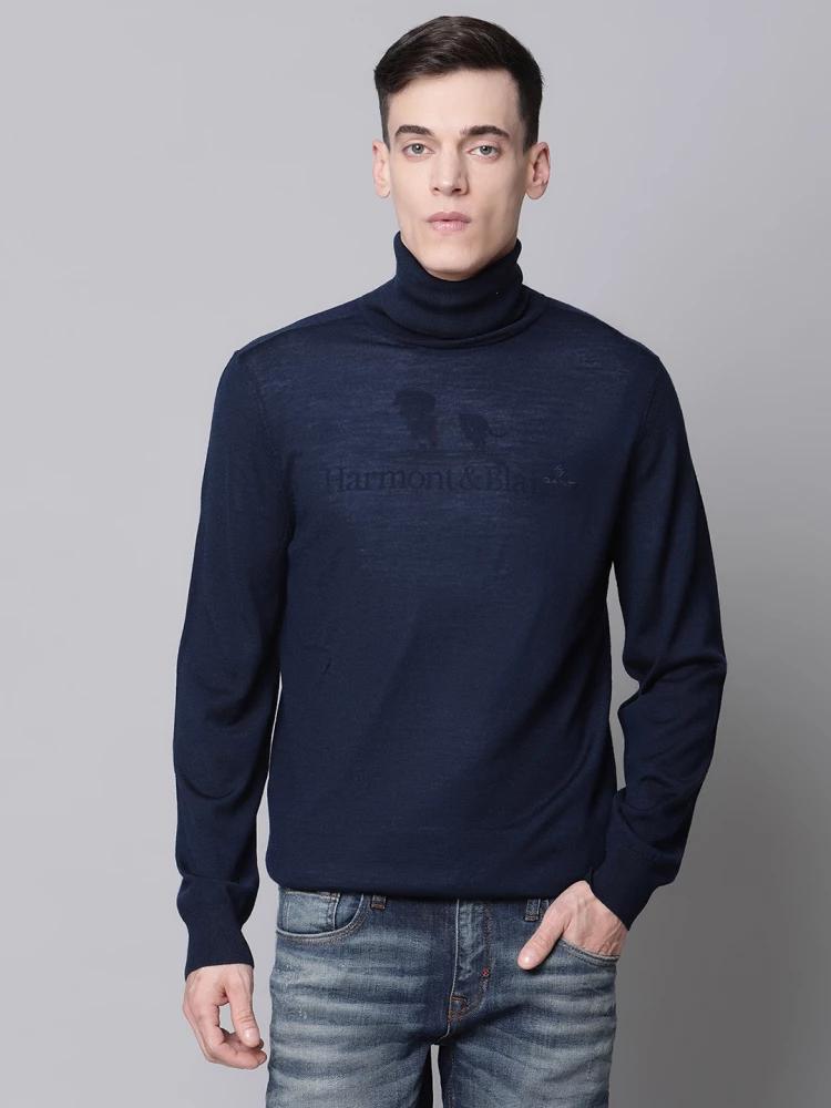 navy blue solid high neck sweater