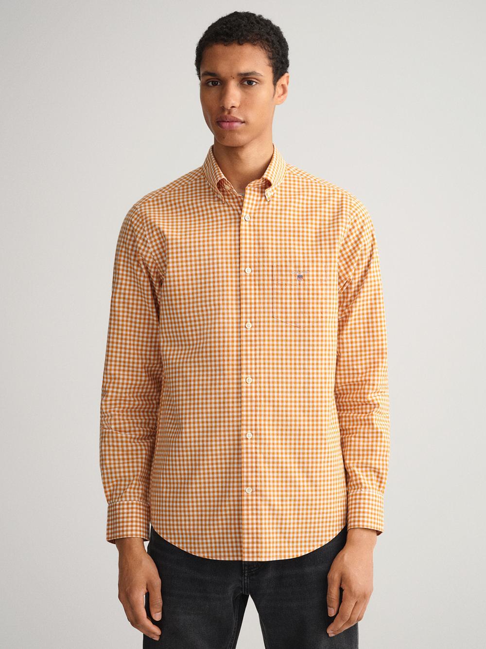 orange checked collar shirt