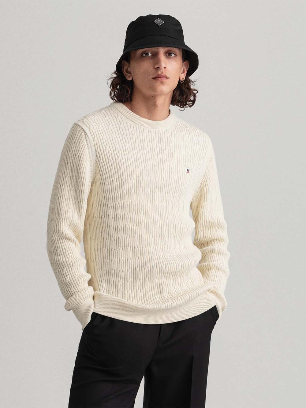 cream solid round neck sweater