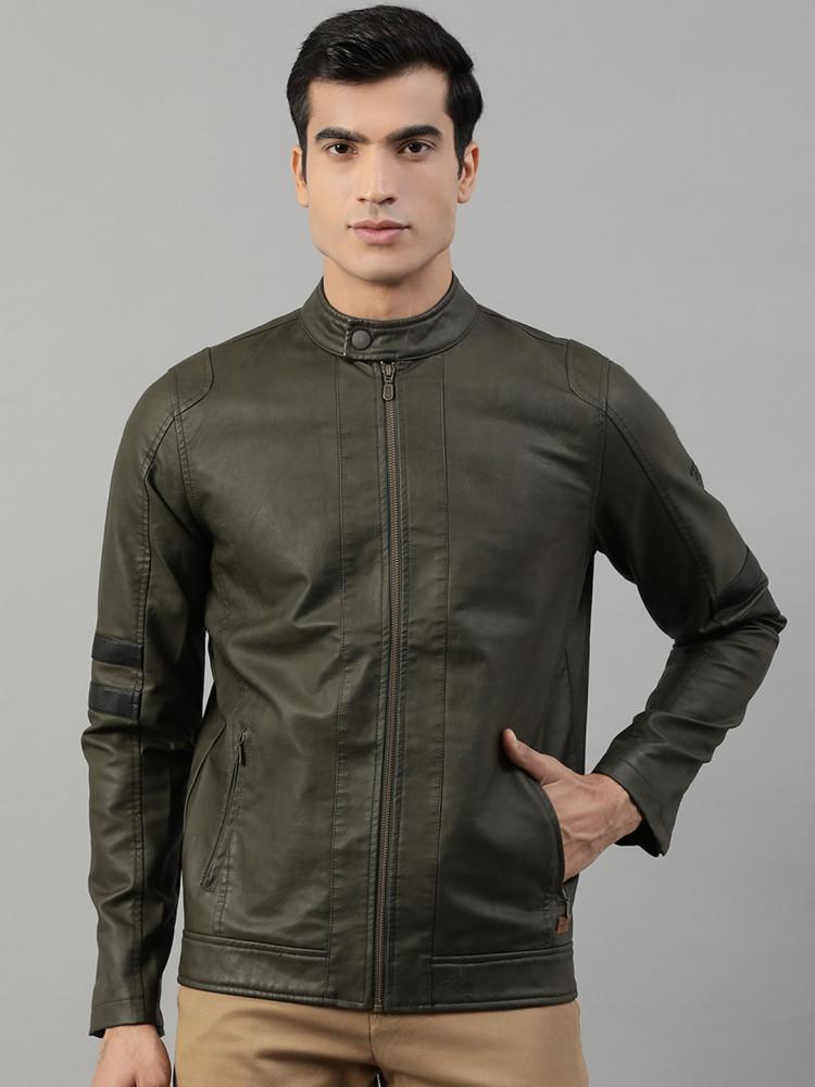 olive solid round neck jacket