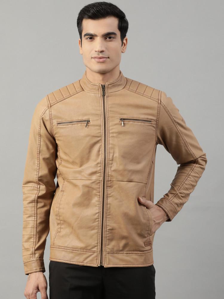 beige solid round neck jacket