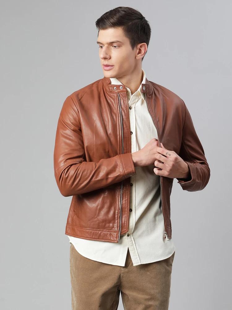 brown solid mock neck jacket