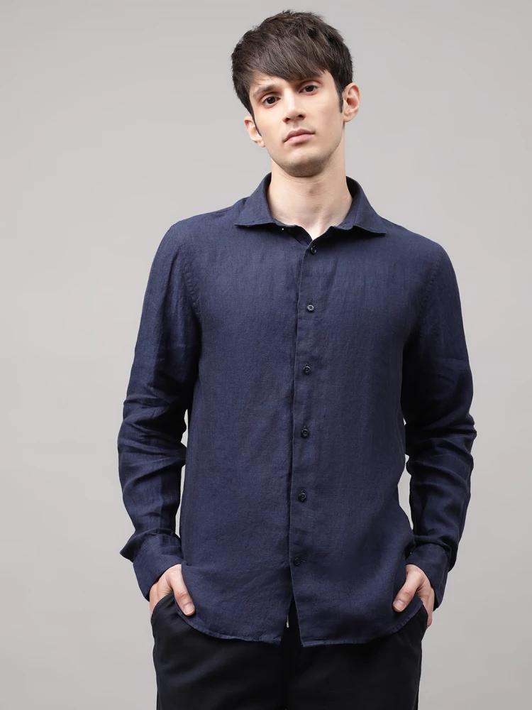 navy blue solid collar shirt