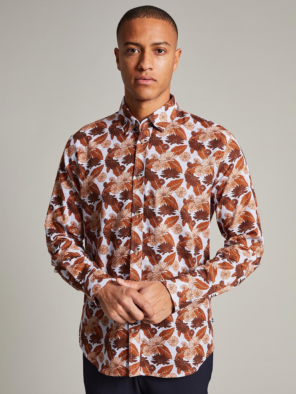 brown printed regular fit shirt