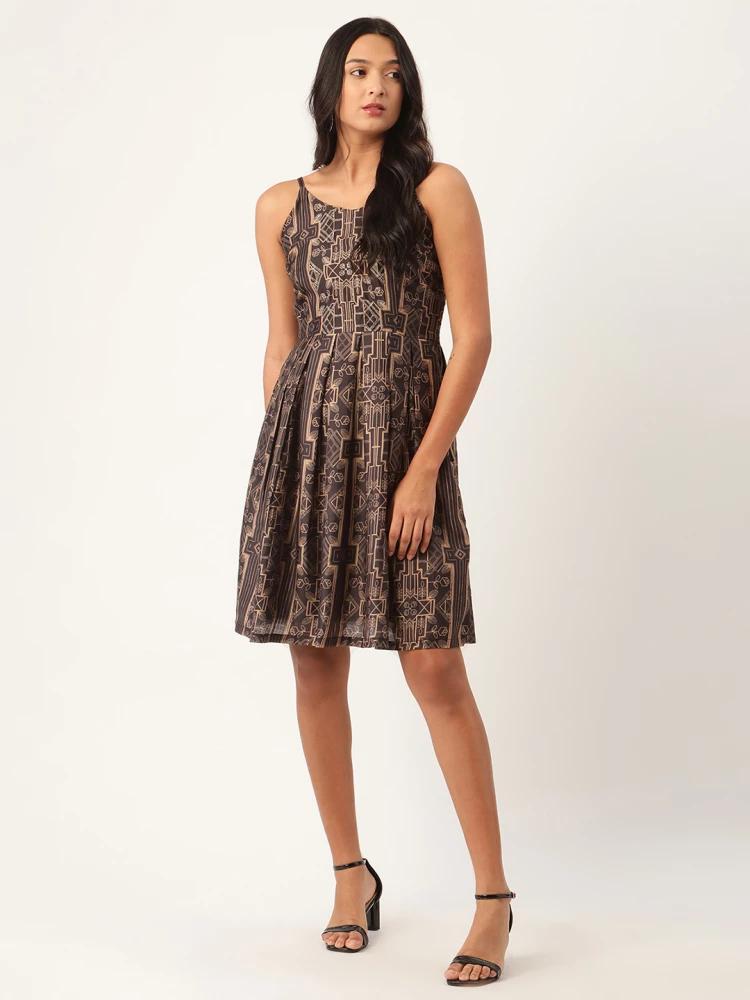 brown printed shoulder straps dress