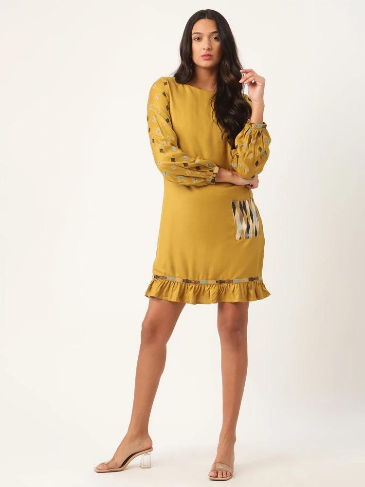 mustard embroidered round neck dress