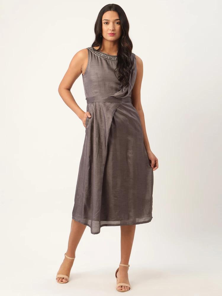 charcoal solid round neck dress