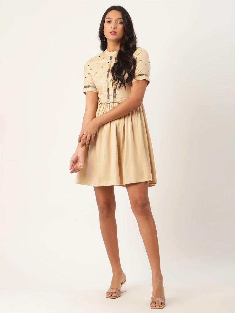 beige embroidered round neck dress