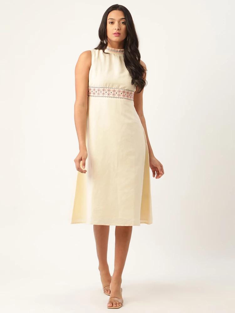 beige embroidered high neck dress