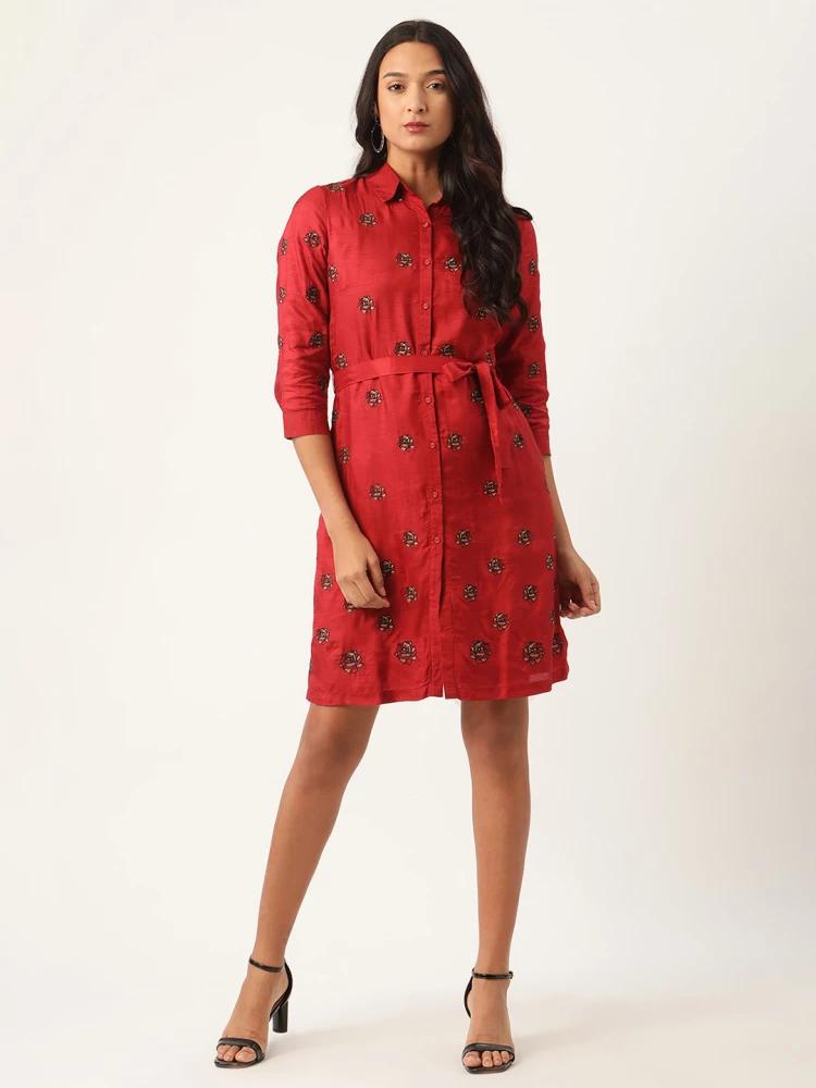 maroon embroidered collar dress