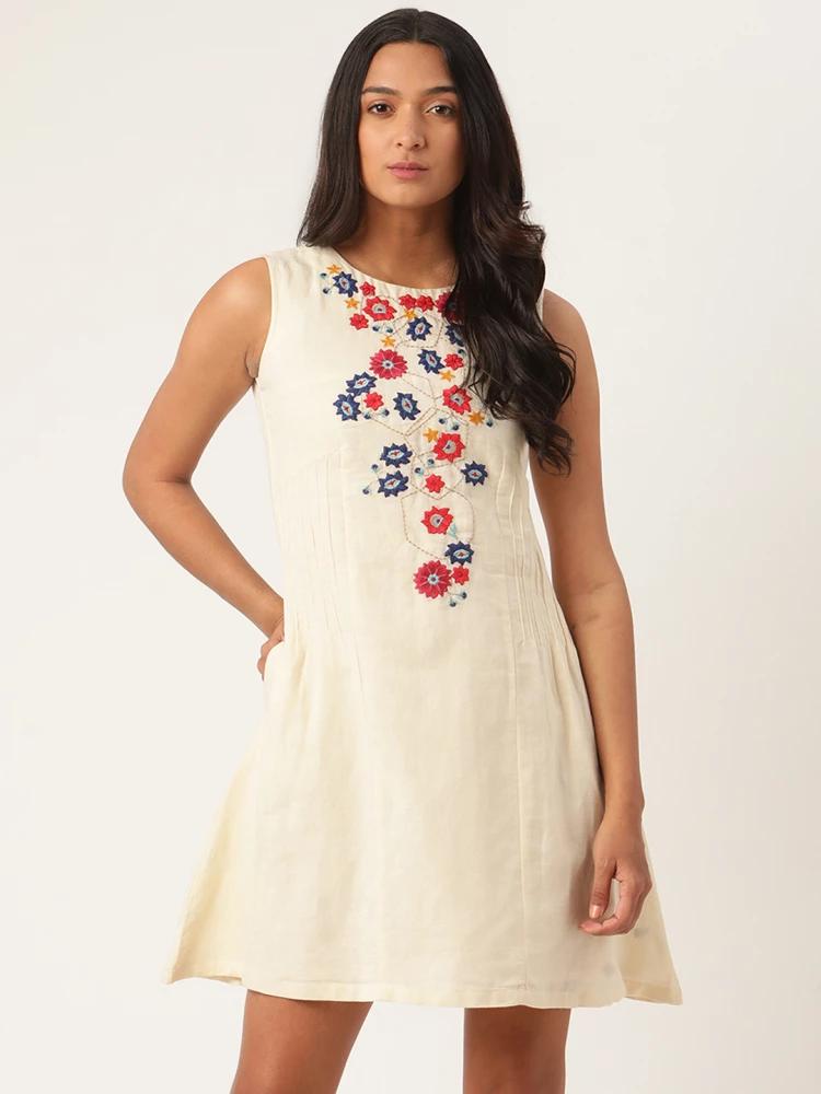 off white embroidered round neck dress