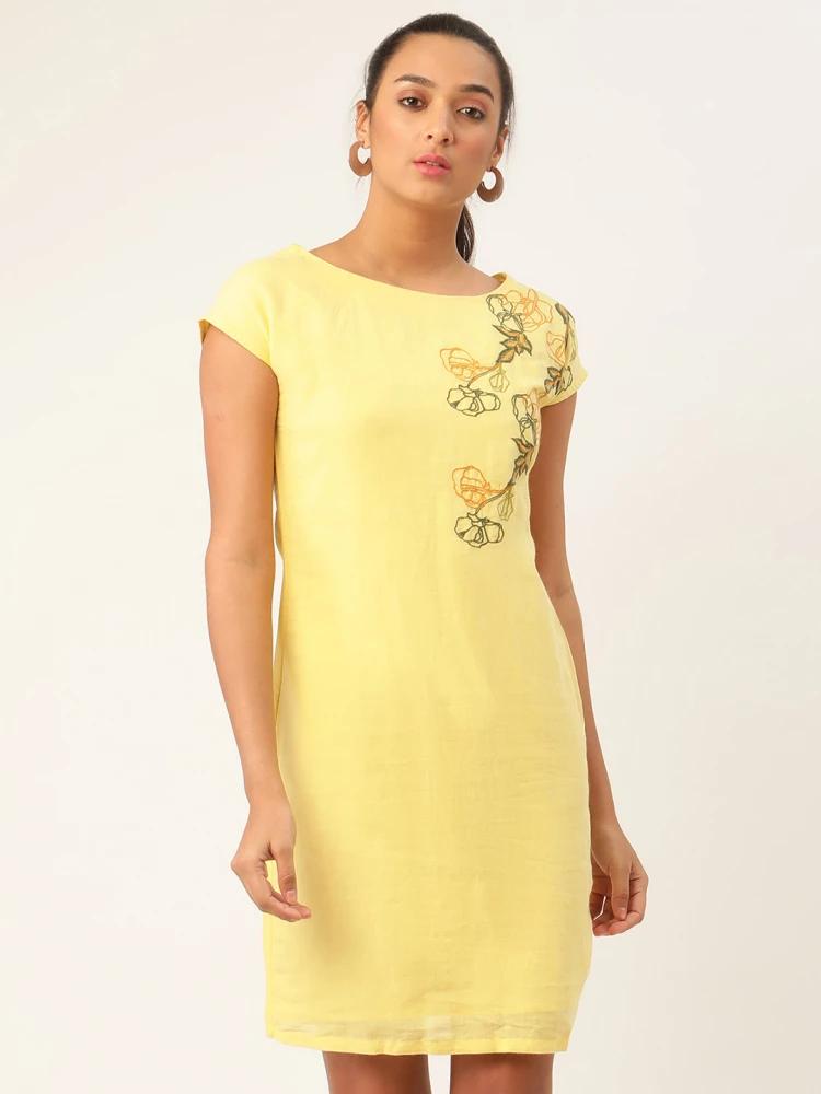 yellow embroidered round neck dress