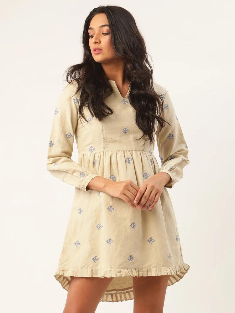 beige embroidered round neck dress