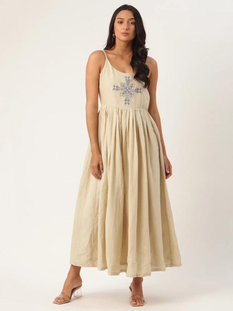 beige embroidered round neck dress