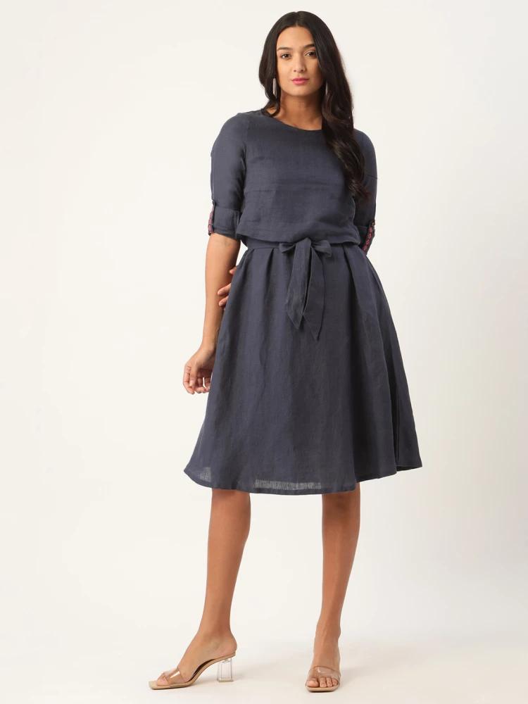 navy blue embroidered round neck dress